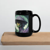 Ethereal Dreams Beyond Style Black Glossy Mug with celestial design.